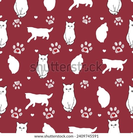 Cat mom. Happy Mother's day seamless pattern design cats with paw prints red background