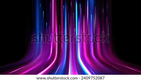 Neon light speed effect. Vector realistic illustration of blue, pink, white lines moving upward on black background, modern data transmission technology, fiber optic network, wireless communication