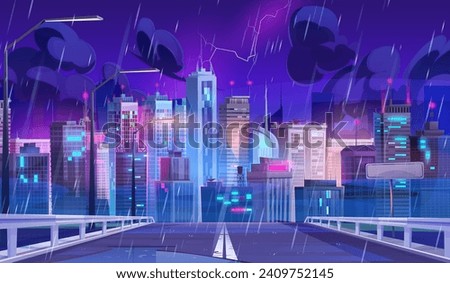 Road leads to futuristic night city with multistorey buildings and signboards with neon lights under rain with lightning. Cartoon vector rainy cityscape of future cyber high technology downtown.