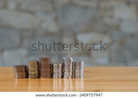 Money coins columns, Czech Crown currency. Money, bussines, economy, banks concept photo. Coins savings concept. Copy space for placement of text.