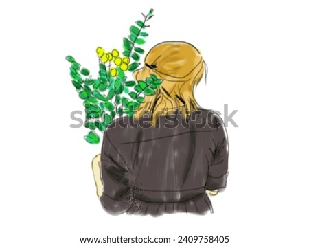 A sketch of a woman carrying her flower plant