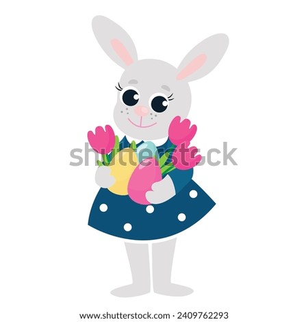 An Easter bunny in a dress holds a decorative egg and tulips in its paws. Festive illustration in cartoon style isolated on white background.
