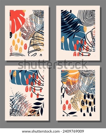 Abstract  posters with leaves art set. Botanical art vector for print, cover, wallpaper, natural wall art.