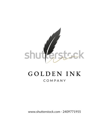 feather quill pen golden ink logo , vintage Fountain pen logo with gold ink icon, flat vector design template