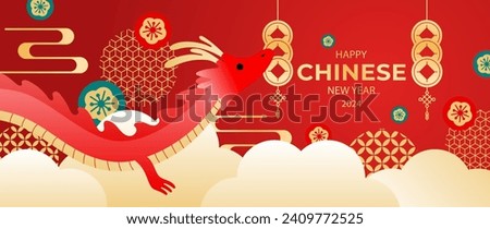 Happy Chinese new year background vector. Year of the dragon design wallpaper with dragon, hanging coin, cloud, pattern. Modern luxury oriental illustration for cover, banner, website, decor.