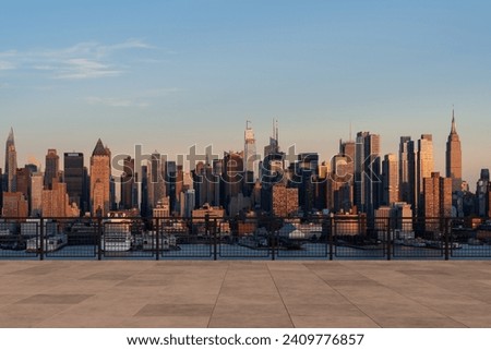 Skyscrapers Cityscape Downtown, New York Skyline Buildings. Beautiful Real Estate. Sunset. Empty rooftop View. Success concept.