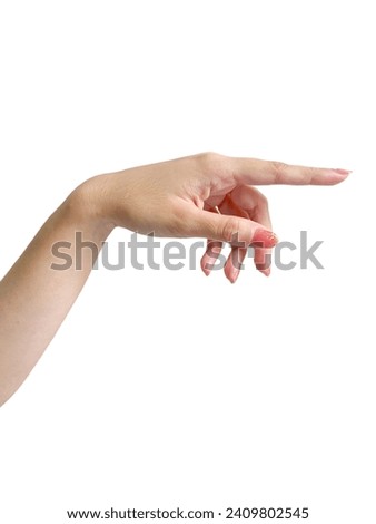 Female hands showing  gesture points finger to something or someone.  woman hands showing different gestures. Isolated white background