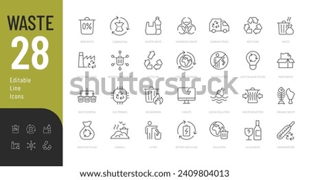 Waste Line Editable Icons set. Vector illustration in modern thin line style of pollution related icons: waste recycling, waste sorting and type of waste. Isolated on white Royalty-Free Stock Photo #2409804013