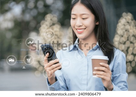 Social media icons screen of business woman with smartphone.