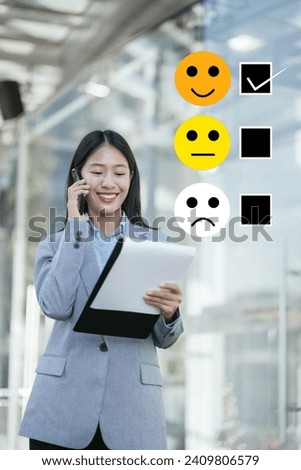 Happy Client customer experience concept. Woman recording phone inquiry with checkboxes, smiling face rating excellent for satisfaction survey.