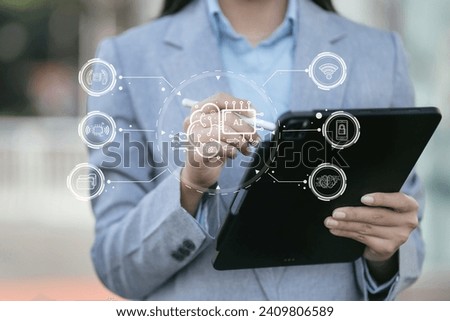 Digital transformation technology strategy, Person using laptop, tablet and smartphone with of things. transformation of ideas and the adoption.