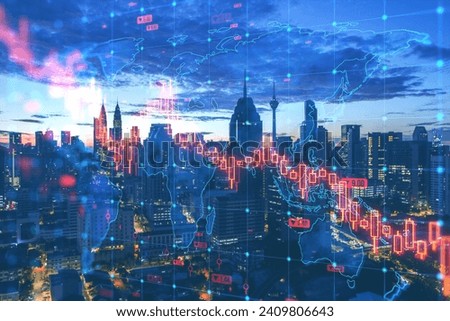 Abstract falling forex chart on blurry night city backdrop. Financial crisis, trade and recession concept. Double exposure