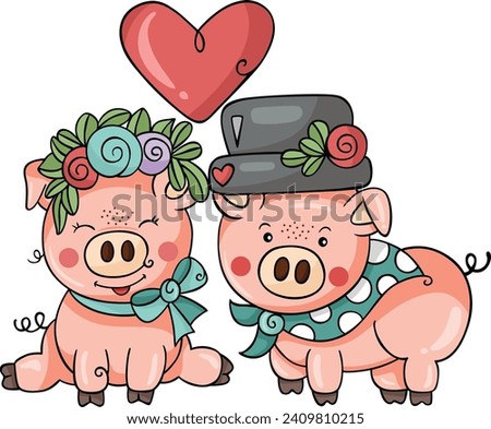 Couple of funny pigs in wedding costumes
