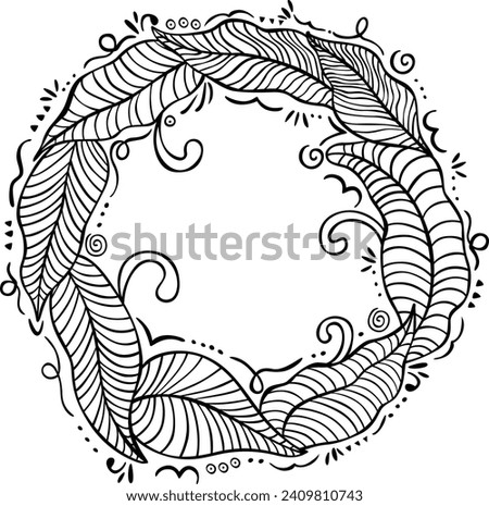 Frame with leaves in black line doodle style
