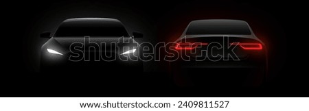 Front car silhouette with rear white lights on dark black background, wallpaper, banner template. Vector illustration Royalty-Free Stock Photo #2409811527