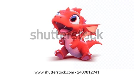 Adorable 3D Cartoon Baby Dragon with a Playful Expression on a White Background. Young dragon with a redcolor scheme. Vector illustration