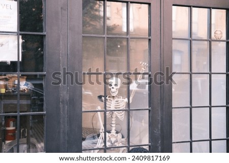 A humorous and slightly eerie scene unfolds in a New York City storefront window, where a skeleton with a guitar sits, offering a quirky take on urban life.