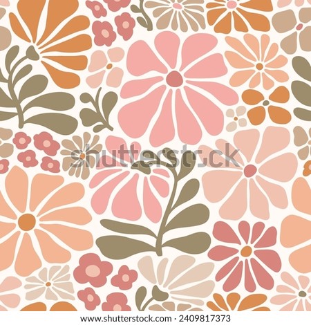 Seamless vector pattern with hand drawn groovy vintage flowers. Perfect for textile, wallpaper or print design.
