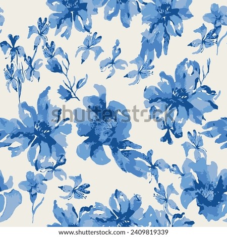 Blue watercolor floral seamless pattern in a la prima style, watercolor roses - flowers, twigs, leaves, buds. Hand-painted vintage floral illustration isolated on a white background