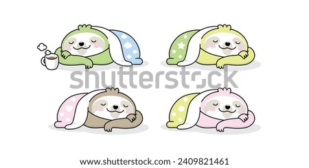 Lazy sloth sleeping in pastel blanket with coffee vector illustrations set. illustration doodle symbol logo cartoon character design clip art isolated on white background 