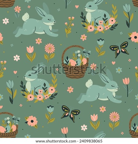 Seamless spring pattern with Easter bunnies, baskets with eggs, flowers. Vector graphics.