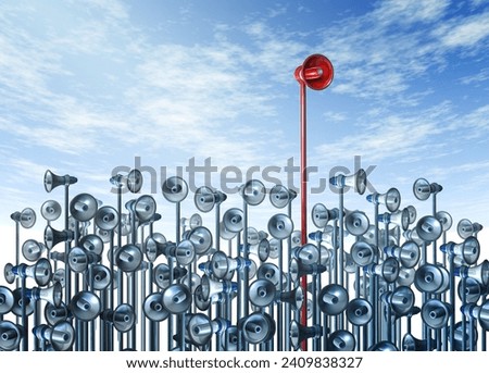 Marketing and advertising communications leader concept with a red bullhorn or megaphone rising above the rest of the group of competitors for business and financial sales. Royalty-Free Stock Photo #2409838327
