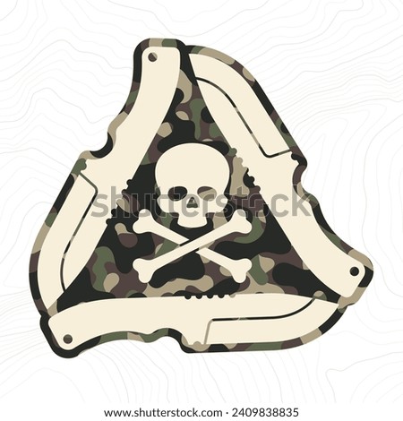 Vector sign of a knife forming a triangle inside a skull with crossed lines camouflage military texture background soldier. White background with contour line.
