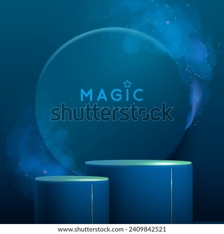 Magic blue showcase background with 3d podium and blue fog or steam. Glowing shiny trail. Vector illustration