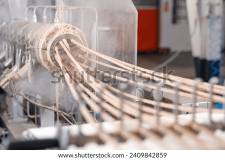 Food extruder machine for crunchy bread sticks on conveyor at manufacture, manufacturing snack line. Royalty-Free Stock Photo #2409842859