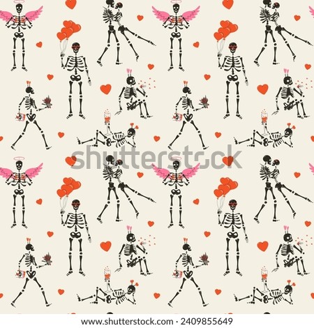 Seamless pattern with Funny Skeleton with decor for Valentine's day.