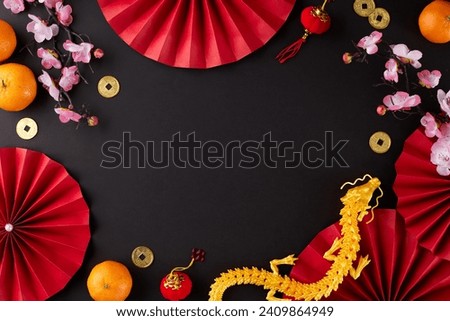 Embracing the essence of the Year of the Dragon in Chinese New Year 2024. Top view shot of gold dragon, tangerines, sakura, folding fans, gold coins on black background with advert area