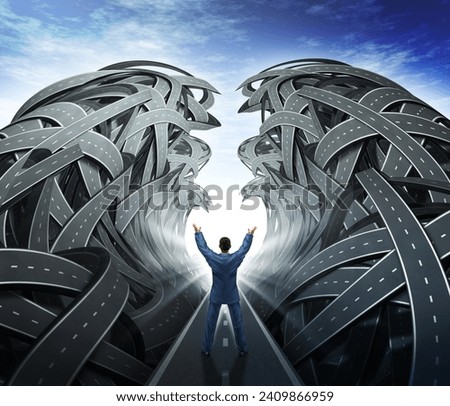 Business Management with a businessman with his arms in the air parting the sea of confused tangled roads and highways to open a clear path to success Royalty-Free Stock Photo #2409866959