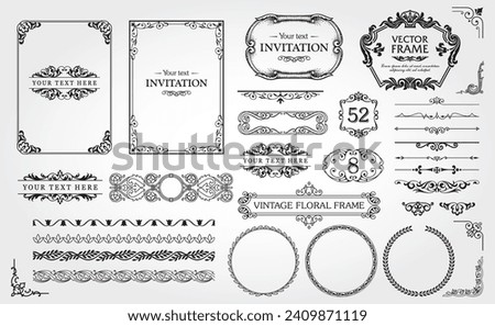 Design elements set, decorative flourish border corner and frame collection for invitation, menu and page decoration Royalty-Free Stock Photo #2409871119