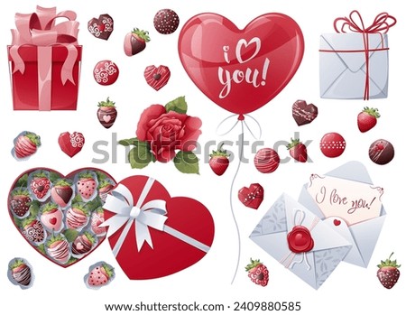 Set of elements for Valentine's Day, wedding. Clip art for holiday cards, banners, flyers. Stickers of roses, ball, strawberries on an isolated background.
