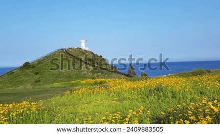 Seopjikoji, which juts out on the eastern coast of Jeju Island, is a place where the coastal scenery unfolds beautifully with Seongsan Ilchulbong behind.  Royalty-Free Stock Photo #2409883505