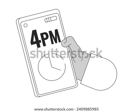 Checking time on smartphone cartoon human hand outline illustration. Alarm clock on mobile phone 2D isolated black and white vector image. Cellphone using gadget flat monochromatic drawing clip art