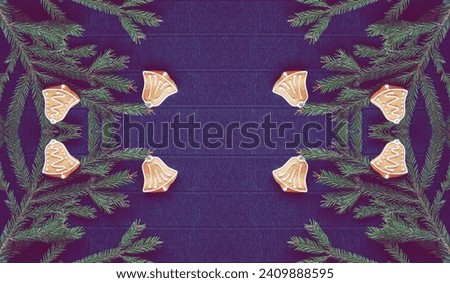 Gingerbread and Christmas tree branches on a Dark background. View from above. Christmas Symmetrical decorations. Filtered Photo