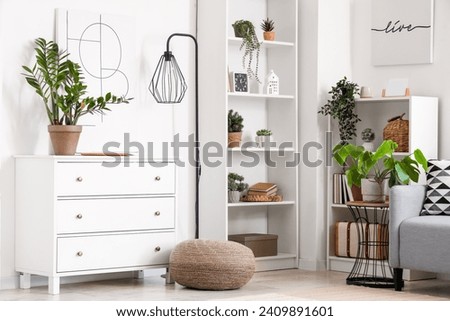 Shelving unit, chest of drawers and houseplants in room