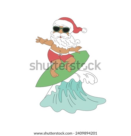 Retro beachy Santa Claus in swimsuit surfing on surfboard on the crest of a wave vector illustration isolated on white. Groovy tropical summer Christmas print.