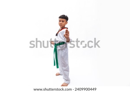 kids karate martial arts. Taekwondo uniform with green belt. Portrait Thai Asian school boy isolated on white background banner. Action sport training concept