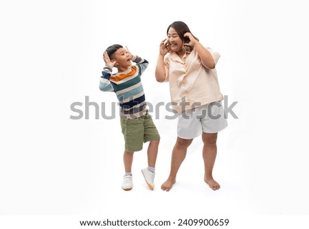 Portrait asian thai mother and son smile and happy standing on white backgrounds banner. Fat and overweight fat woman