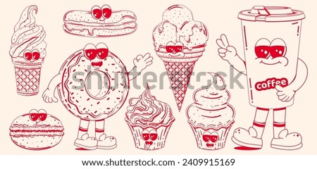 Set of Posters with trendy retro cartoon characters of sweet fast food in linear style without shading. Modern cartoon style. Mascots for bar, restaurant menu. Vector illustration.