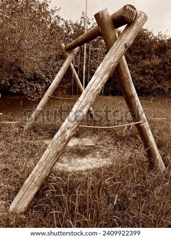 Black and white photo of a swing in a park