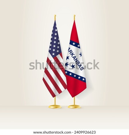 United States and Arkansas national flag on a light background. Vector illustration.