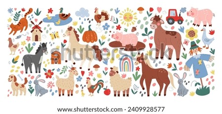 Animal farm cute. Cartoon cow, sheep and goat, horse and pig. Domestic birds, chicken and hen. Leaves flowers, childish birthday decor, spring garden, countryside agriculture. Vector eco illustration