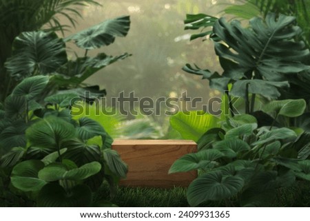 Minimal podium table top outdoors blur green leaf tropical forest plant background.beauty cosmetic healthy natural product placement pedestal display,spring or summer jungle paradise concept. Royalty-Free Stock Photo #2409931365
