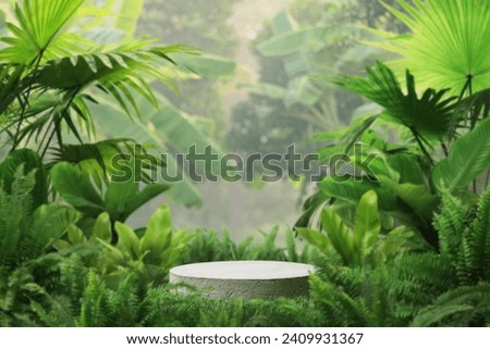 Concrete podium tabletop floor in outdoor tropical garden forest blurred green leaf plant nature background.Natural product placement pedestal stand display,summer jungle paradise concept.