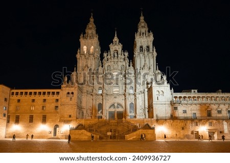 Santiago de Compostela Cathedral at night. Cathedral of Saint James pilgrimage. Obradoiro square, Galicia, Spain. High quality photo