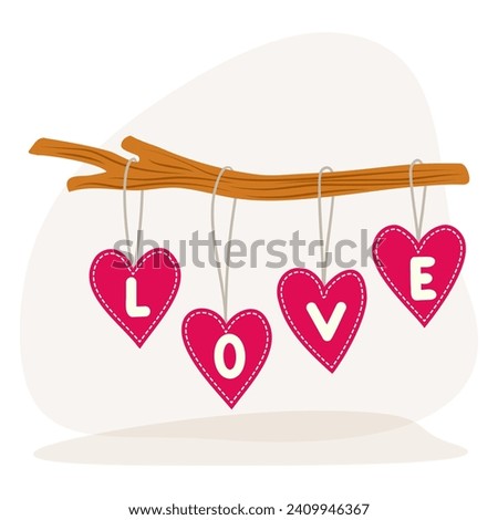 Clip art of doodle style tree branch with hanging hearts with love letters on isolated background. Design for Valentines Day, greeting cards, invitations, textile, home decor.