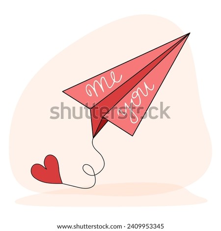 Clip art of flying love paper airplane with a heart tail on isolated background. Doodle style design for Valentines Day, greeting cards, invitations, textile, home decor.